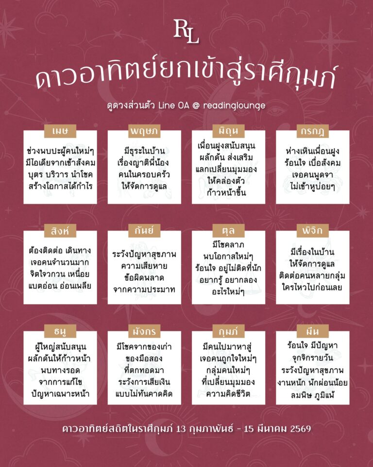 ดาวอาทิตย์ยกเข้าสู่ราศีกุมภ์ 13 กุมภาพันธ์ – 15 มีนาคม 2569