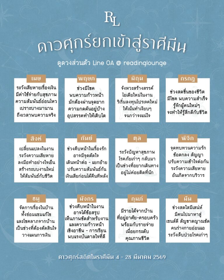 ดาวศุกร์ยกเข้าสู่ราศีมีน 4 – 28 มีนาคม 2569
