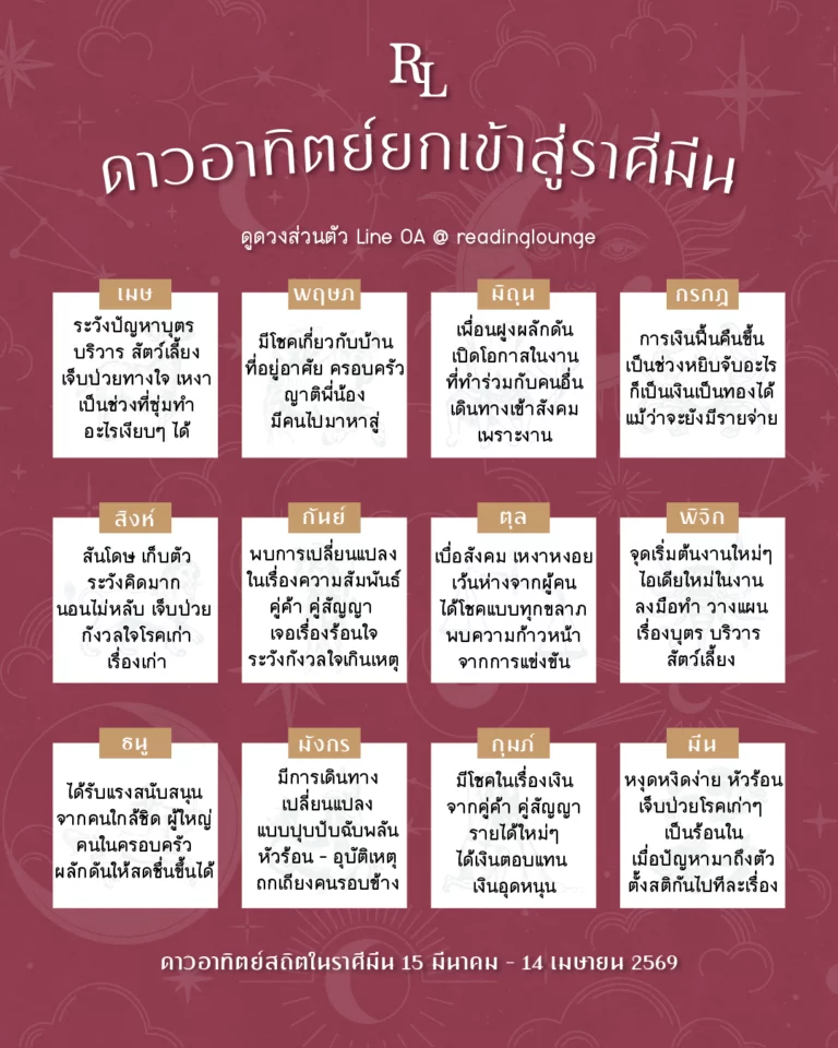 ดาวอาทิตย์ยกเข้าสู่ราศีมีน 15 มีนาคม – 14 เมษายน 2569