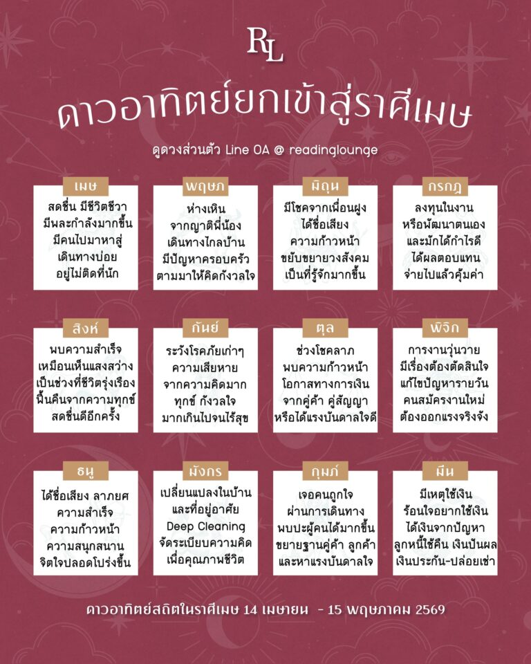 ดาวอาทิตย์ยกเข้าสู่ราศีพฤษภ 15 พฤษภาคม – 15 มิถุนายน 2569