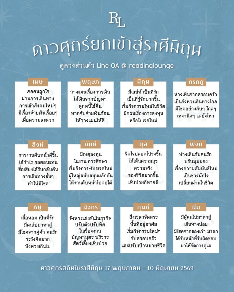 ดาวศุกร์ยกเข้าสู่ราศีมิถุน 17 พฤษภาคม – 10 มิถุนายน 2569